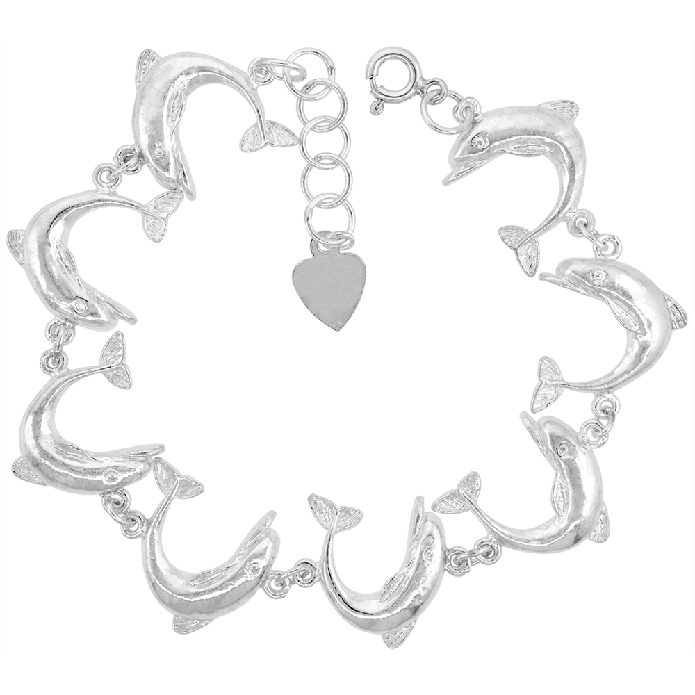 STERLING SILVER LINKED DOLPHINS CHARM BRACELET FOR WOMEN 20MM WIDE FITS 7-8 INCH WRISTS
