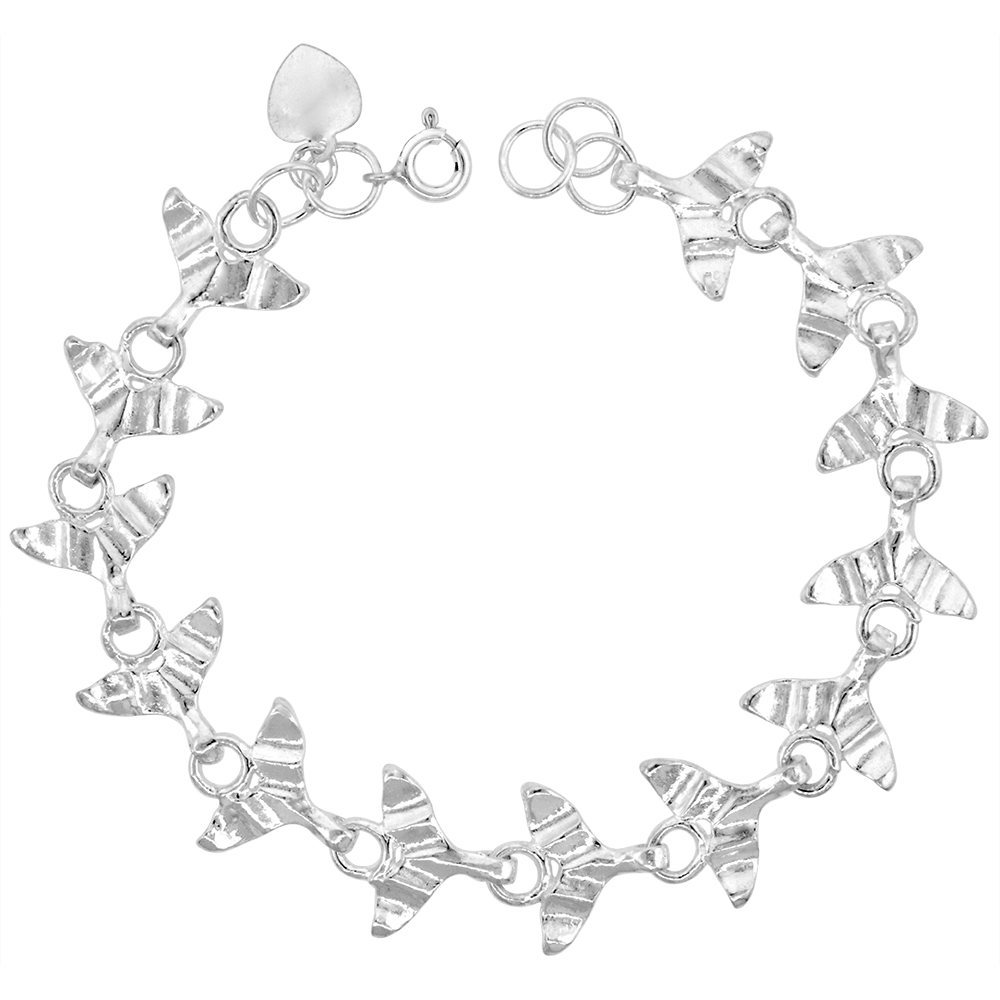 5/8 INCH WIDE STERLING SILVER LINKED WHALE TAIL CHARM BRACELET FOR WOMEN 15MM FITS 7-8 INCH WRISTS