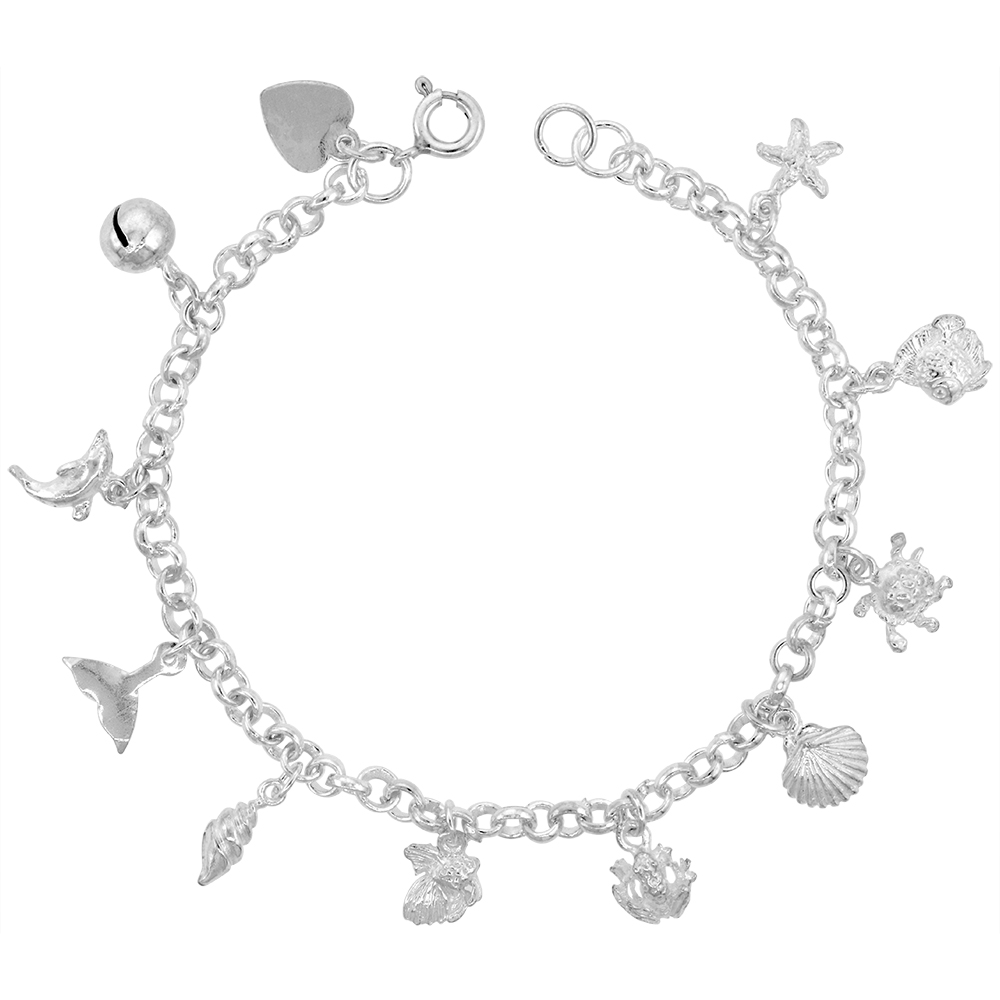 STERLING SILVER DANGLING NAUTICAL ANKLET FOR WOMEN 15MM DROPS FITS 9-10 INCH ANKLES