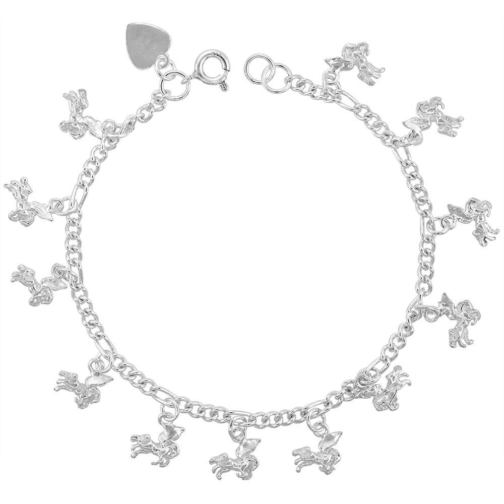 STERLING SILVER DANGLING PEGASUS ANKLET FOR WOMEN 12MM DROPS FITS 9-10 INCH ANKLES