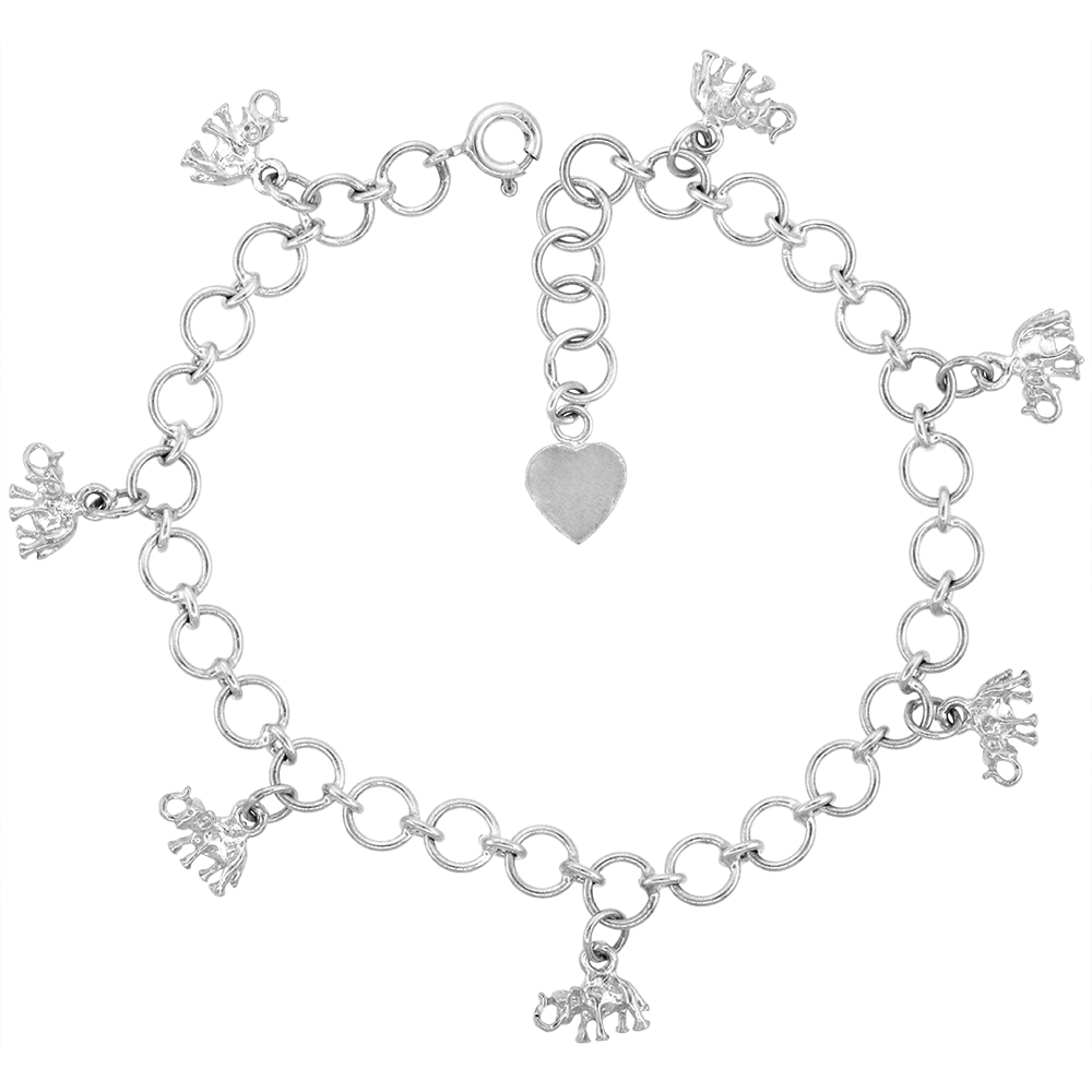 STERLING SILVER DANGLING ELEPHANTS ANKLET FOR WOMEN 15MM DROPS FITS 9-10 INCH ANKLES