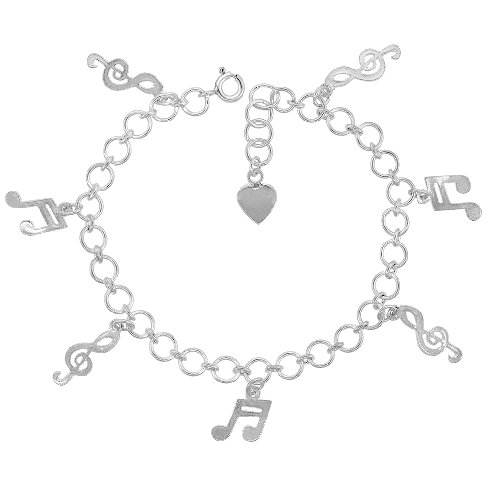 STERLING SILVER DANGLING MUSICAL NOTES ANKLET FOR WOMEN 25MM DROPS FITS 9-10 INCH ANKLES