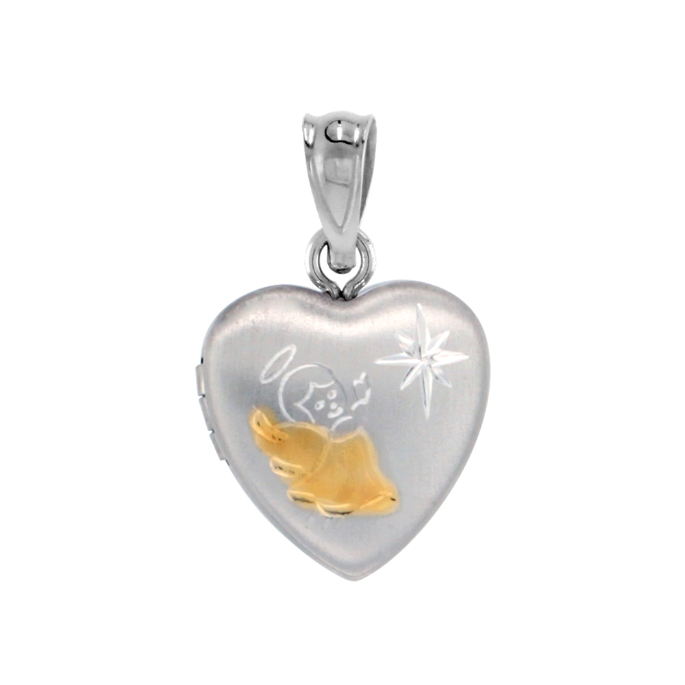 Very Tiny 1/2 inch Sterling Silver Angel Locket Necklace for Women Heart shape Two Tone 16-20 inch