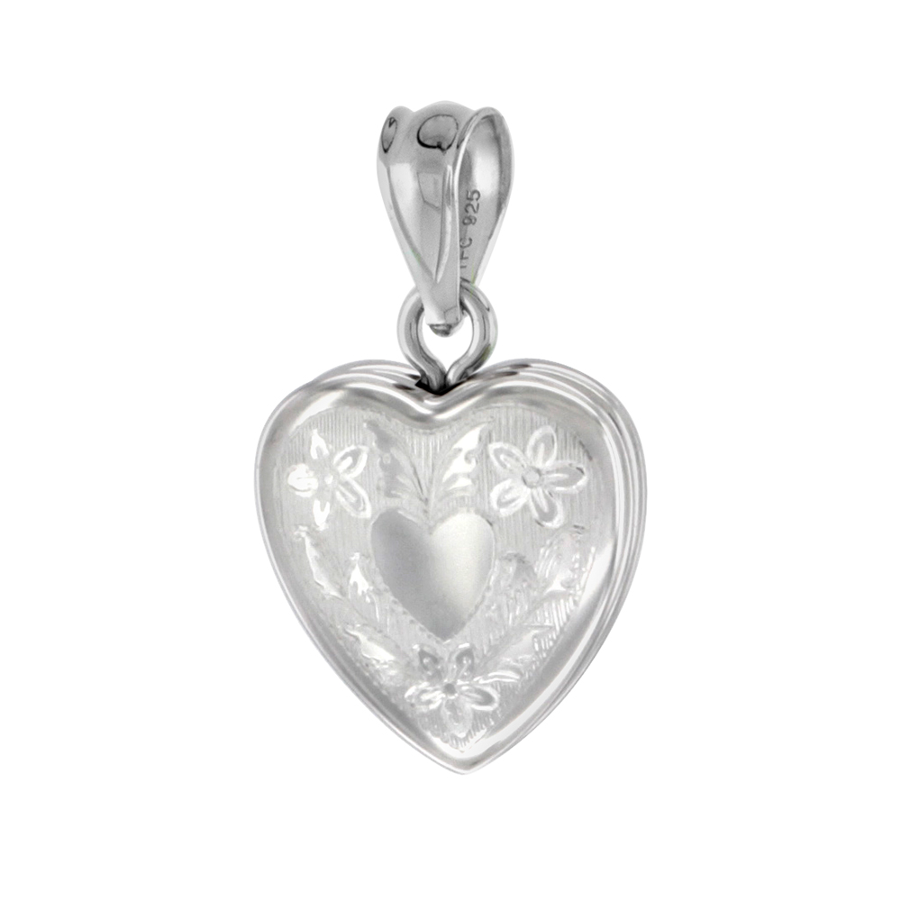 Very Tiny 1/2 inch Sterling Silver Heart Locket Pendant for Women Floral Engraving NO CHAIN