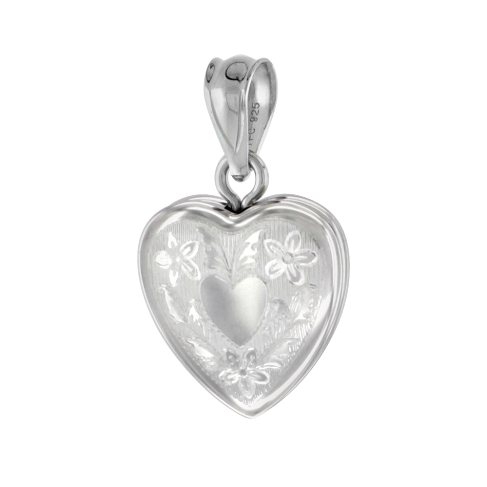 Very Tiny 1/2 inch Sterling Silver Heart Locket Necklace for Women Floral Engraving 16-20 inch