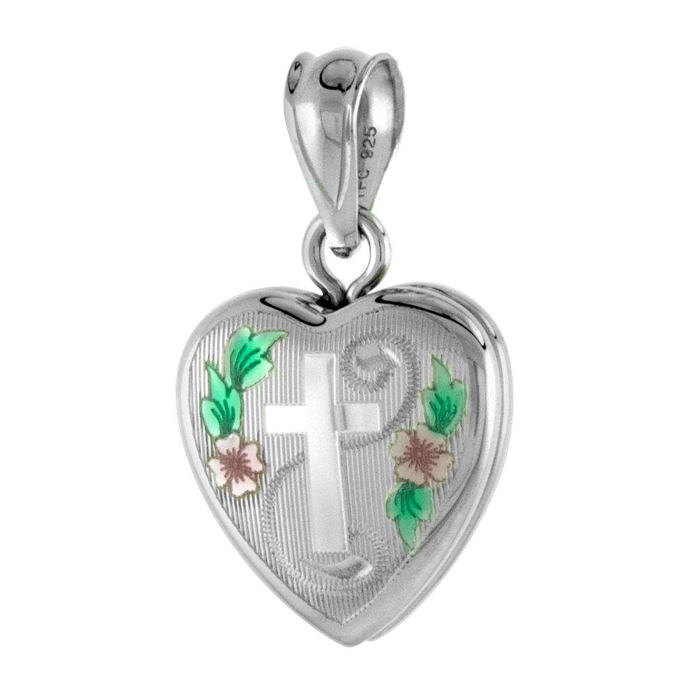 SMALL 5/8 INCH STERLING SILVER CROSS LOCKET HEART SHAPE GREEN & PINK ENAMEL NO CHAIN