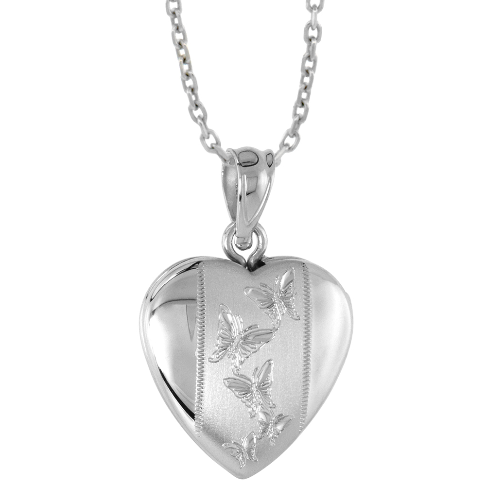 Small 5/8 inch Sterling Silver Butterfly Locket Necklace for Women Heart Shape Butterflies 16-20 inch