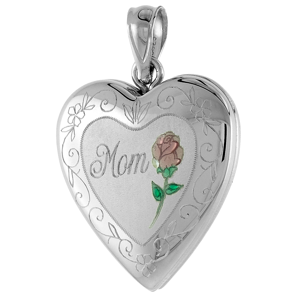 3/4 inch Sterling Silver Heart Locket Necklace for Women MOM &amp; Red Rose 16-20 inch