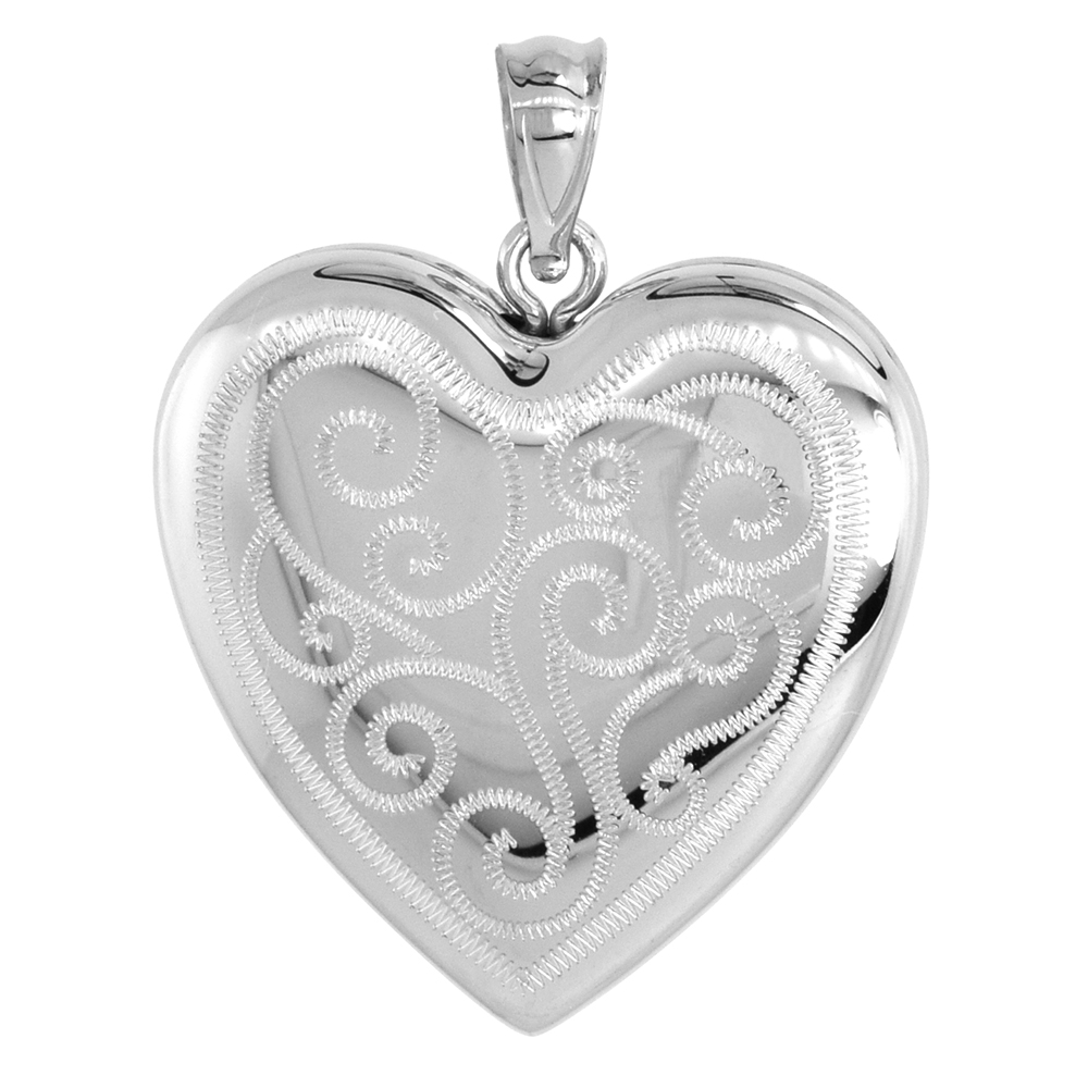 1 INCH STERLING SILVER HEART LOCKET PENDANT FOR WOMEN 4 PICTURE SCROLL ENGRAVED NO CHAIN