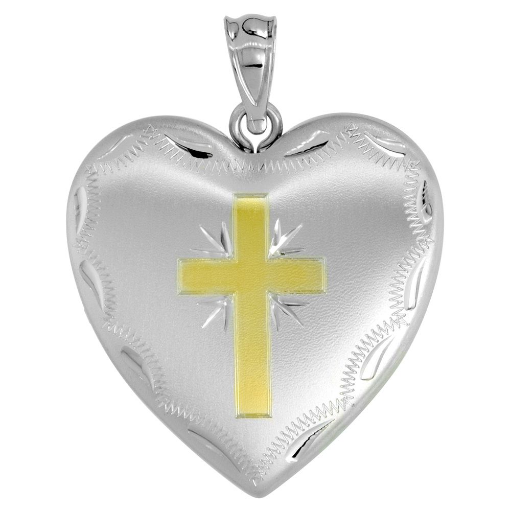 1 INCH STERLING SILVER HEART LOCKET PENDANT FOR WOMEN 4 PICTURE GOLD CROSS NO CHAIN