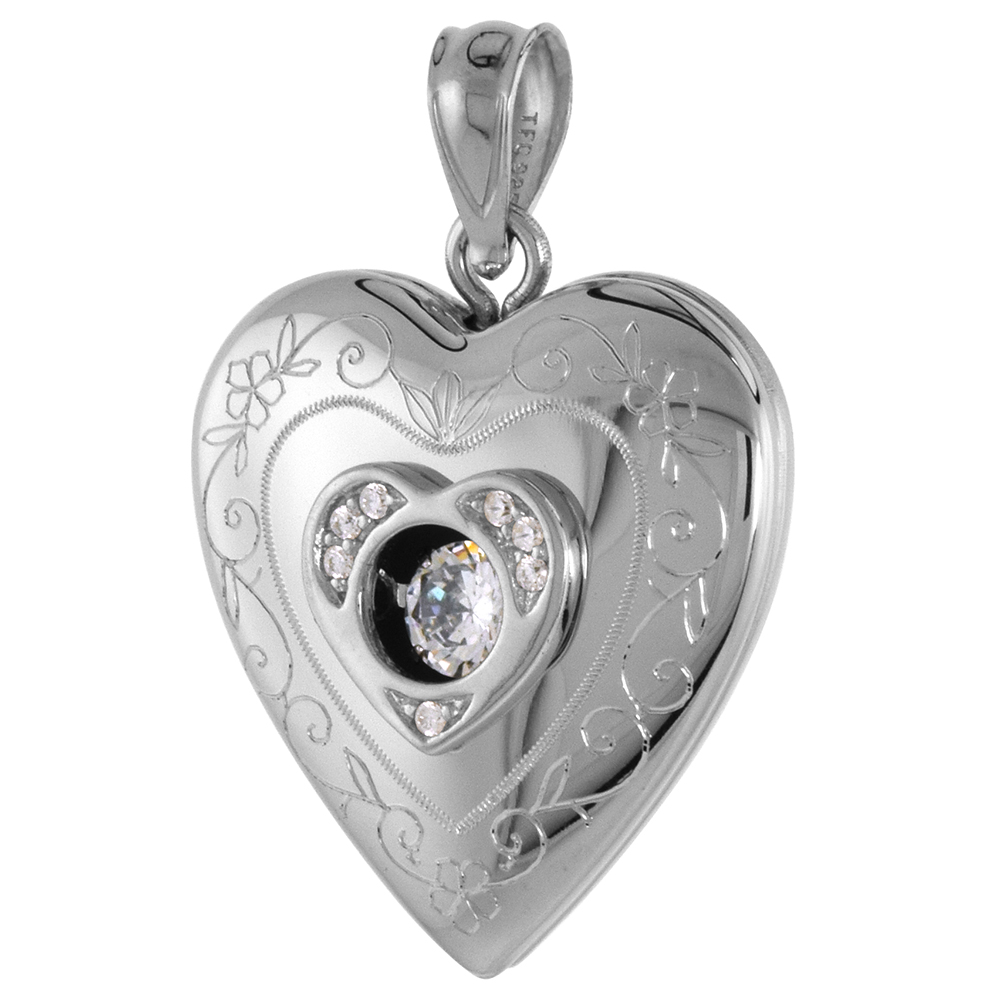 3/4 INCH ROUND STERLING SILVER CUBIC ZIRCONIA DANCING STONE HEART LOCKET PENDANT FOR WOMEN SCROLL ETCHING 3/4 INCH NO CHAIN