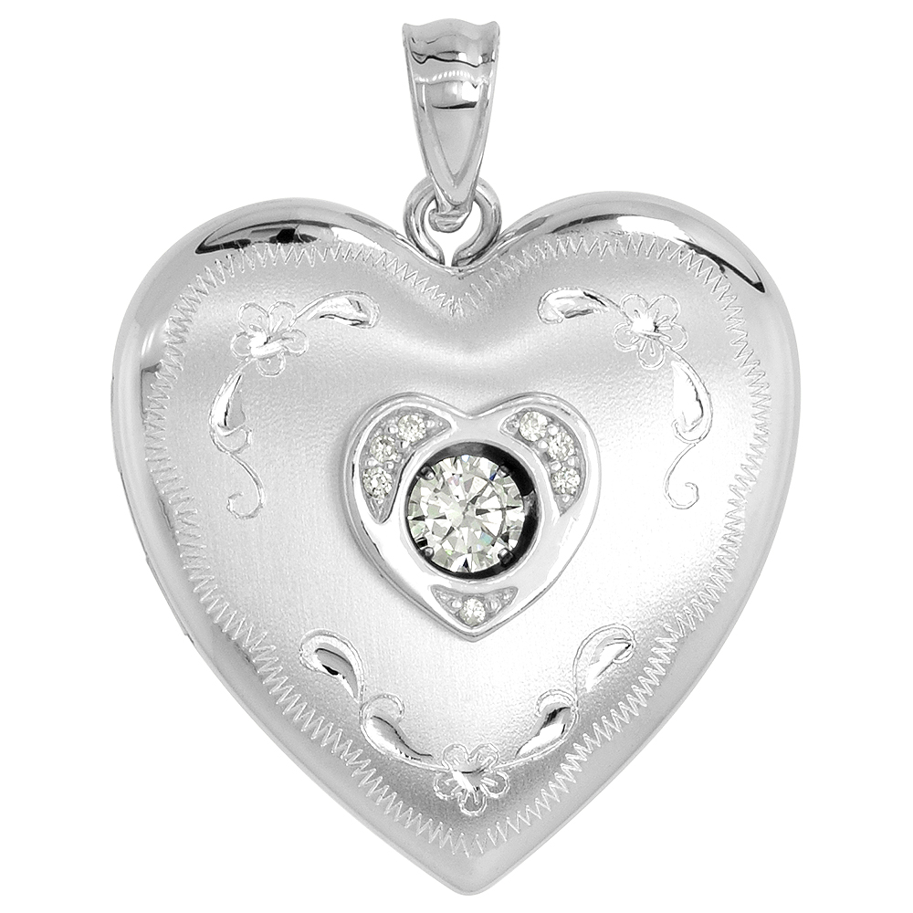 1 INCH STERLING SILVER CUBIC ZIRCONIA DANCING STONE HEART LOCKET PENDANT FOR WOMEN FLORAL ETCHING NO CHAIN
