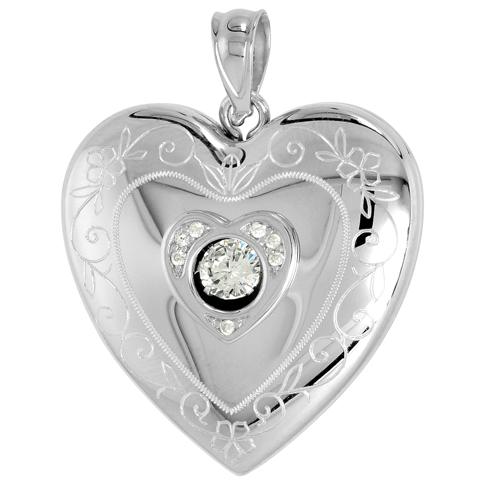1 INCH STERLING SILVER CUBIC ZIRCONIA DANCING STONE HEART LOCKET PENDANT FOR WOMEN SCROLL ETCHING NO CHAIN