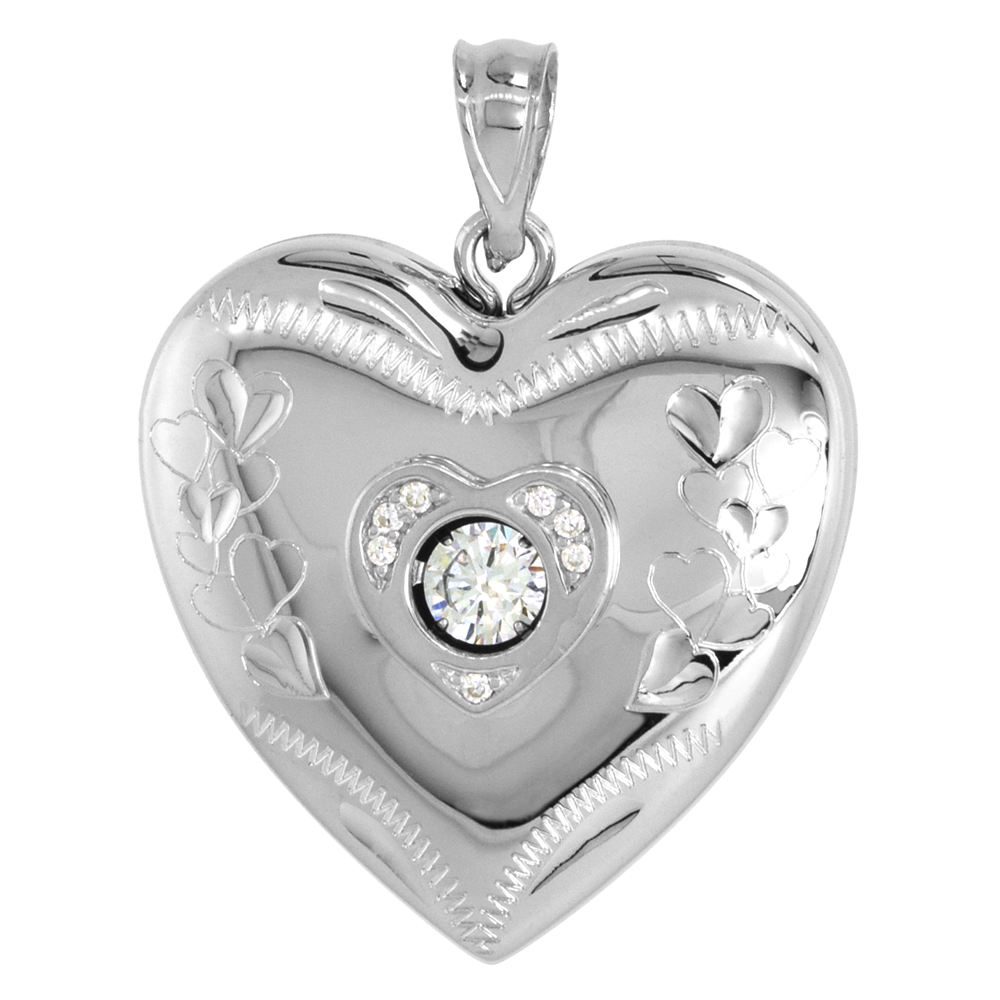 1 INCH STERLING SILVER CUBIC ZIRCONIA DANCING DIAMOND HEART LOCKET NECKLACE FOR WOMEN HEARTS ETCHING