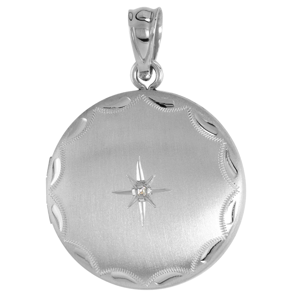 3/4 inch Round Sterling Silver Diamond Locket Necklace for Women Starburst Set Engraved Rim, 16-20 inch