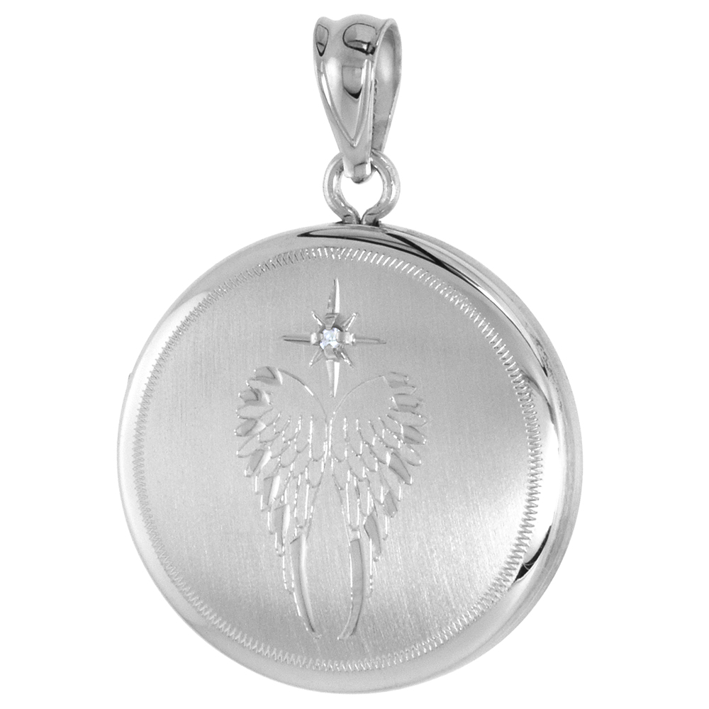 3/4 INCH ROUND STERLING SILVER DIAMOND ANGEL WINGS LOCKET PENDANT FOR WOMEN , NO CHAIN