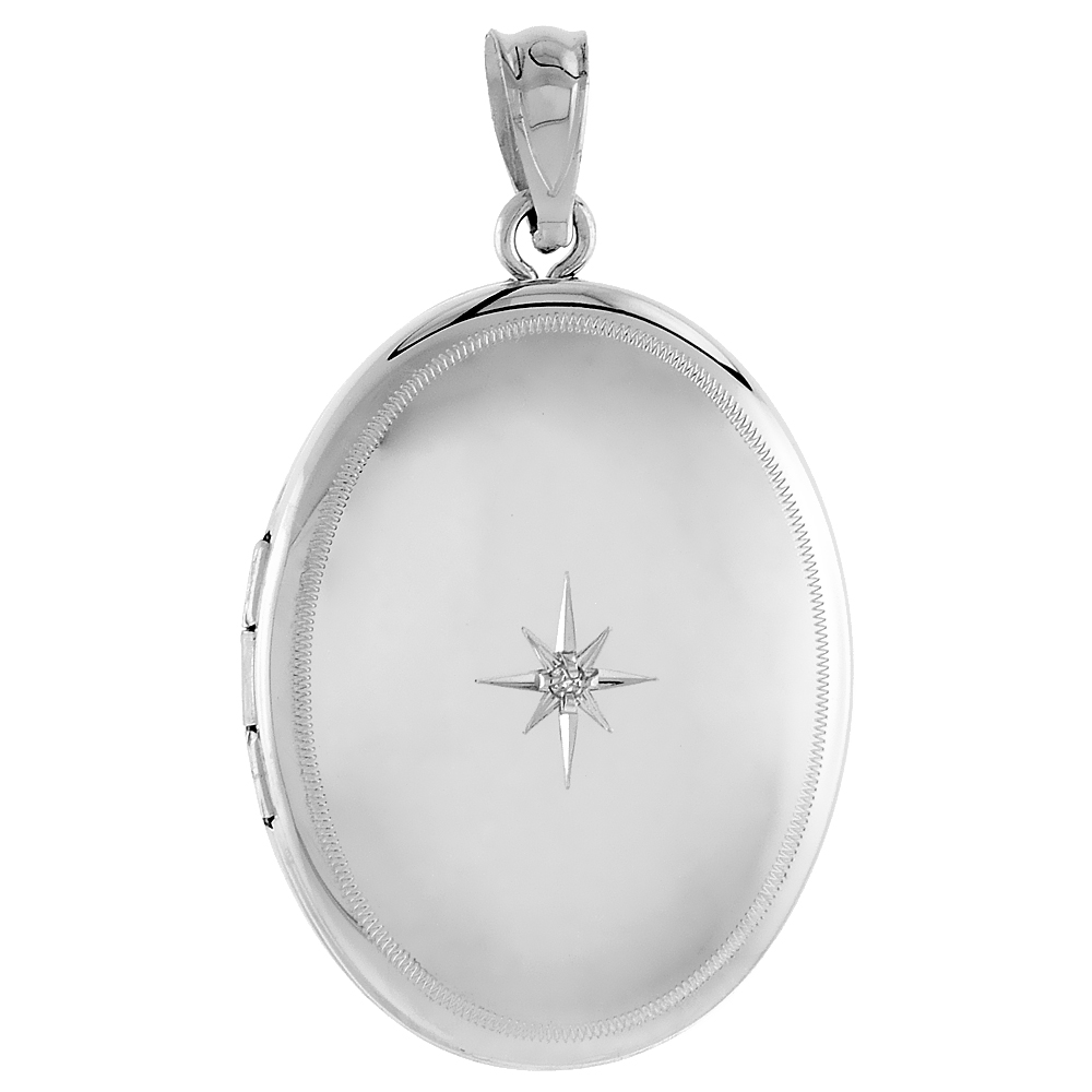 STERLING SILVER DIAMOND OVAL LOCKET PENDANT FOR WOMEN STARBURST SET ETCHED BORDER 1 1/32 INCH NO CHAIN
