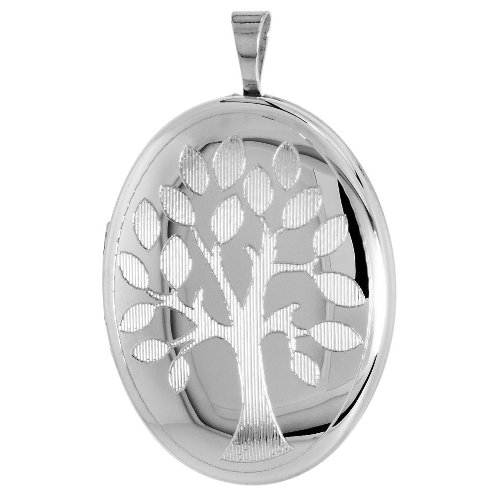 STERLING SILVER FAMILY TREE OVAL LOCKET NECKLACE 1 1/32 INCH