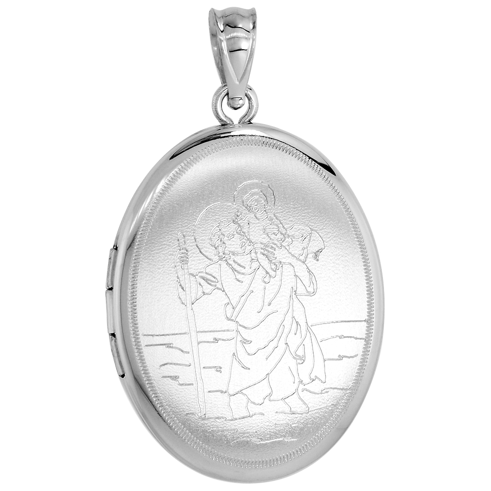 Sterling Silver St Christopher Locket Necklace Oval Shape 1 1/32 inch