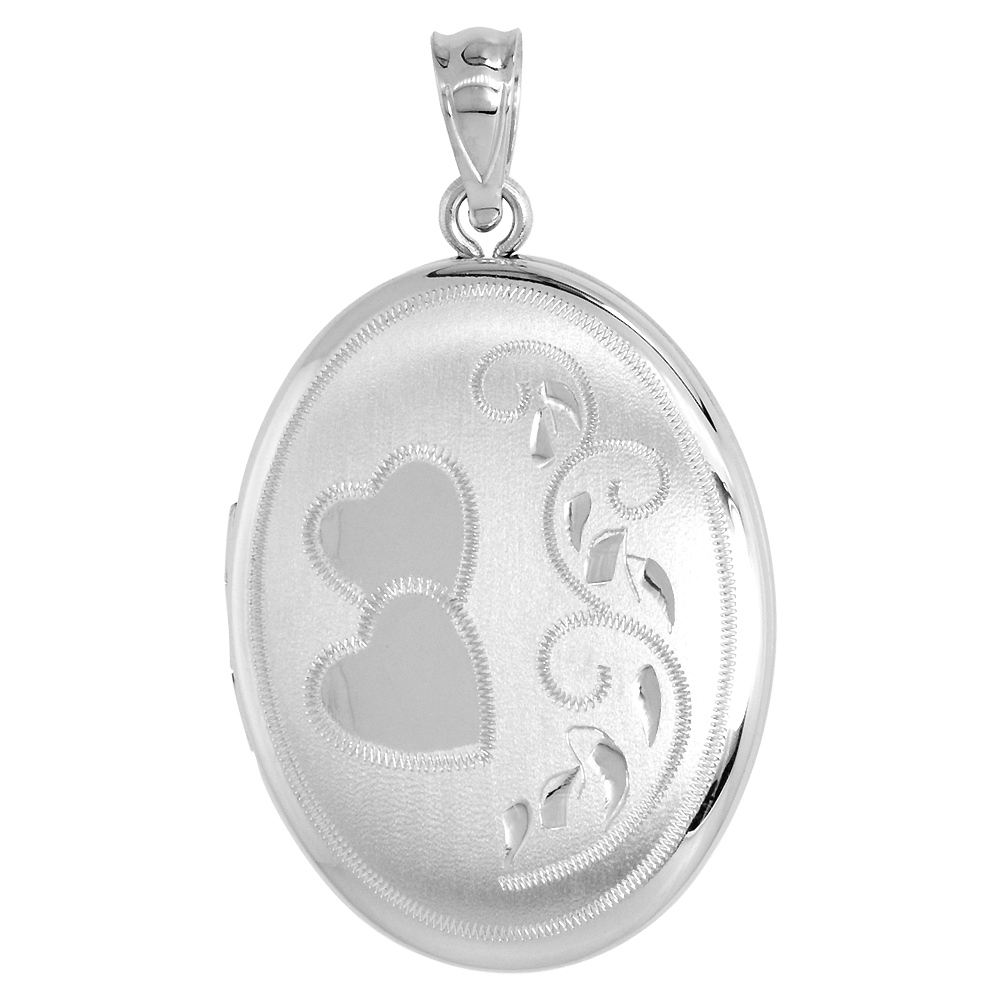 Sterling Silver Locket Necklace Oval Scroll Hearts &amp; Scroll Motif 1 1/32 inch