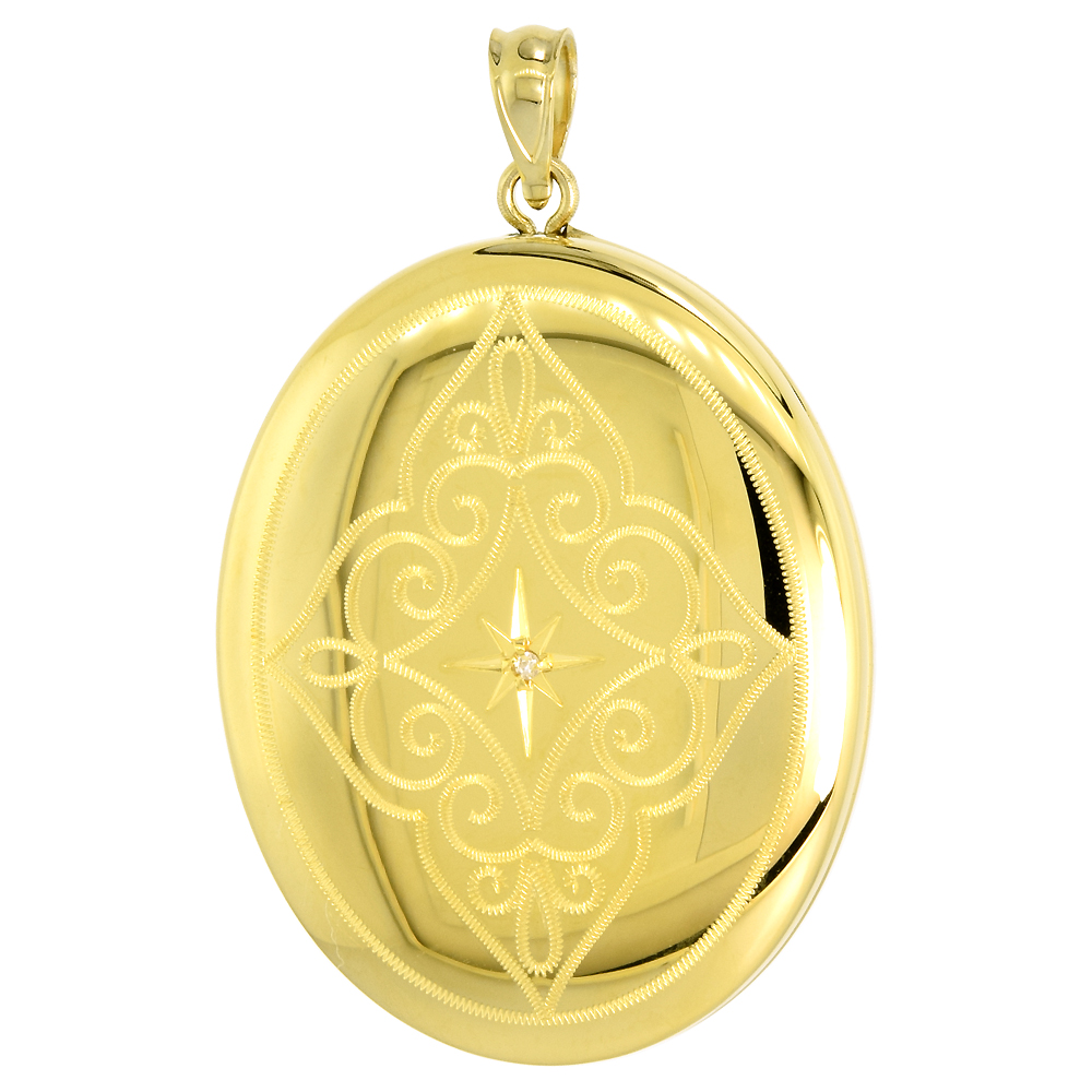 LARGE OVAL GOLD PLATED STERLING SILVER DIAMOND LOCKET NECKLACE ETCHED SCROLLWORK 1 3/8 INCH