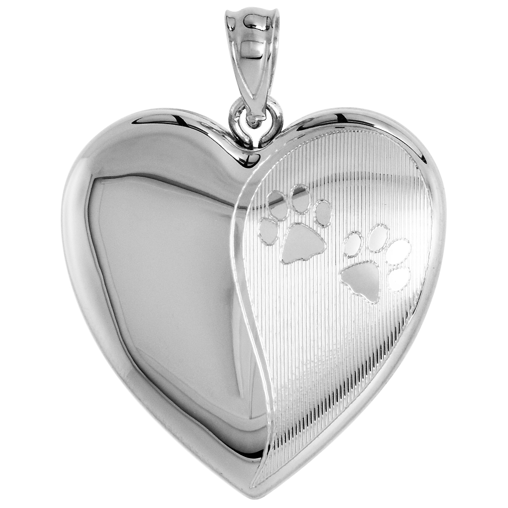 STERLING SILVER HEART LOCKET / URN PENDANT FOR WOMEN 1 PICTURE PAW PRINTS 1 INCH NO CHAIN (NO CHAIN)