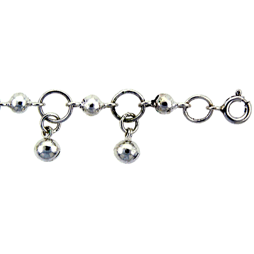 Sterling Silver Circle Link Anklet with Beads & Bells, fits 9 - 10 inch ankles