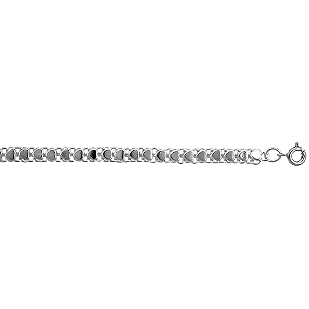 Sterling Silver Anklet with Hearts for Women 3/16 inch (5mm) wide fits 9-10 inch ankle sizes