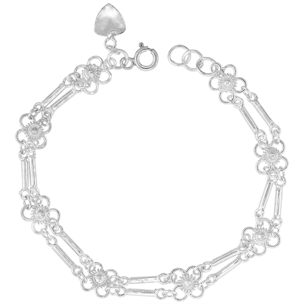 1/4 inch wide Sterling Silver Bar Link Quatrefoil Flowers Anklet for Women 7mm fits 9-10 inch ankles