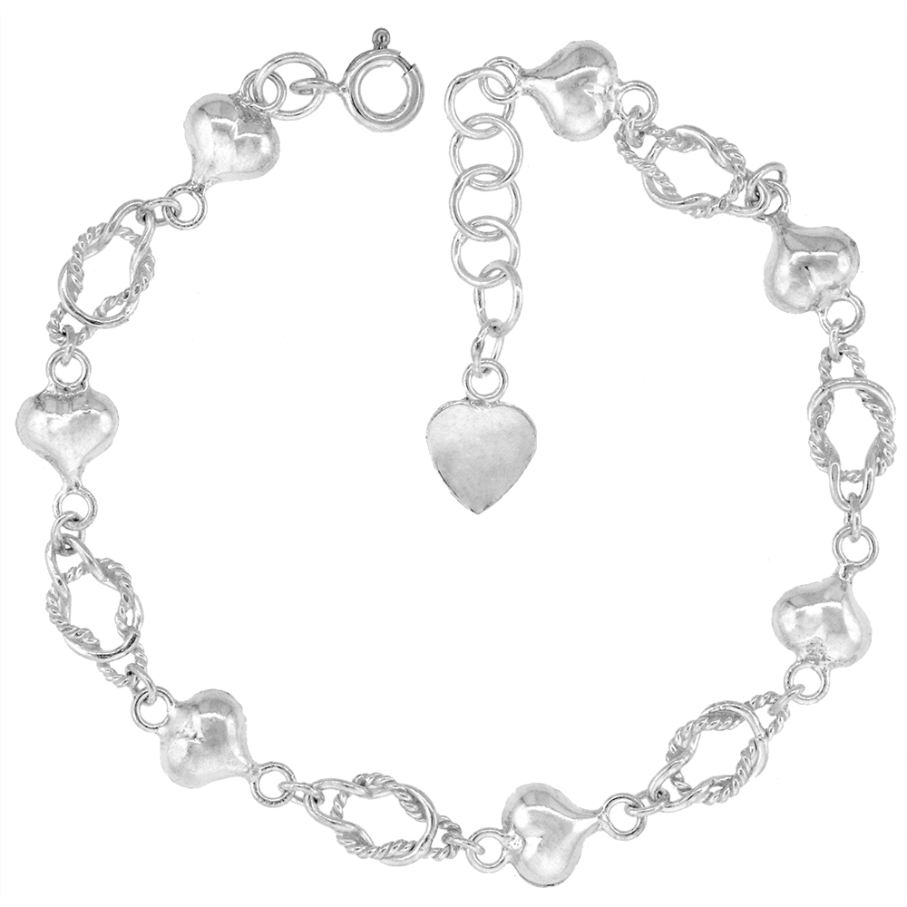 1/4 inch wide Sterling Silver Love Knots & Puffy Hearts Anklet for Women 7mm fits 9-10 inch ankles