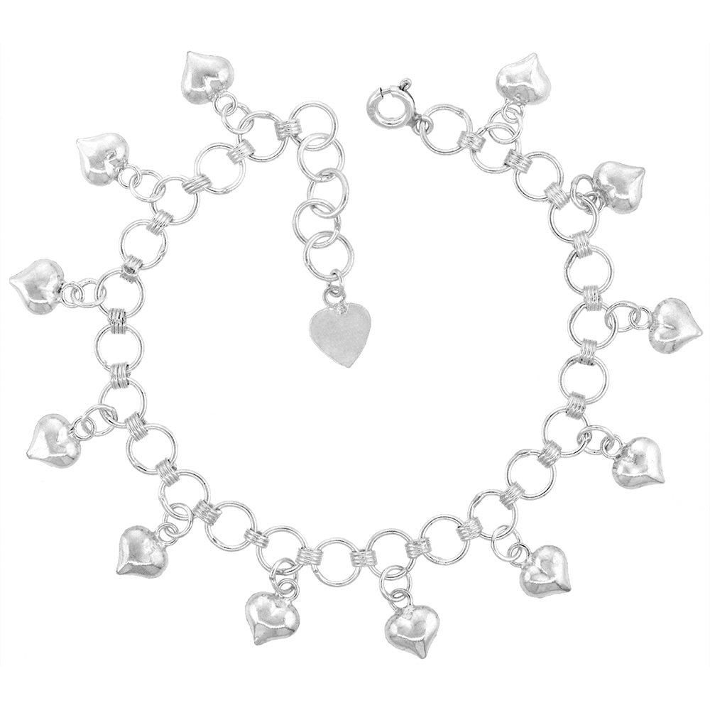 Sterling Silver Dangling Hearts Anklet for Women 15mm drop fits 9-10 inch ankles
