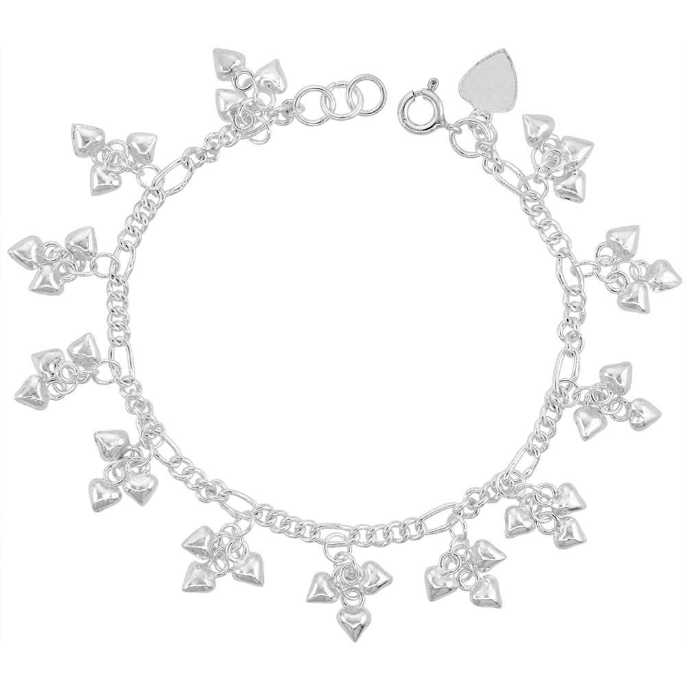 Sterling Silver Dangling Teeny Heart Clusters Anklet for Women 15mm drop fits 9-10 inch ankles