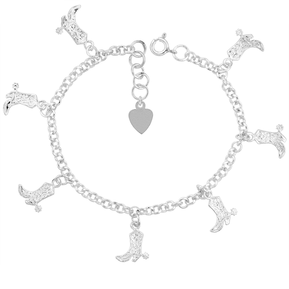 Sterling Silver Dangling Cowboy Boots Charm Charm Bracelet for Women 12mm drop fits 7-8 inch wrists