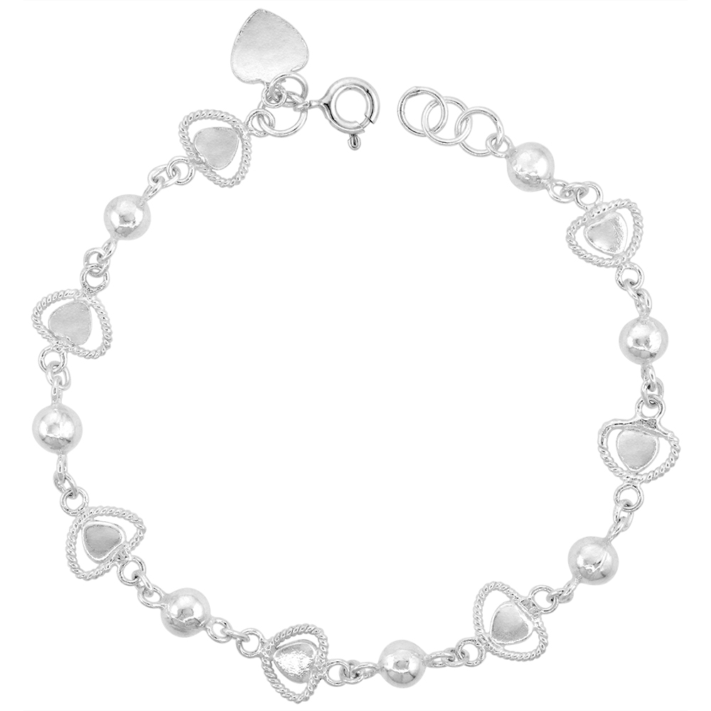 5/8 inch wide Sterling Silver Liked Halo Hearts and Beads Charm Bracelet for Women 15mm fits 7-8 inch wrists