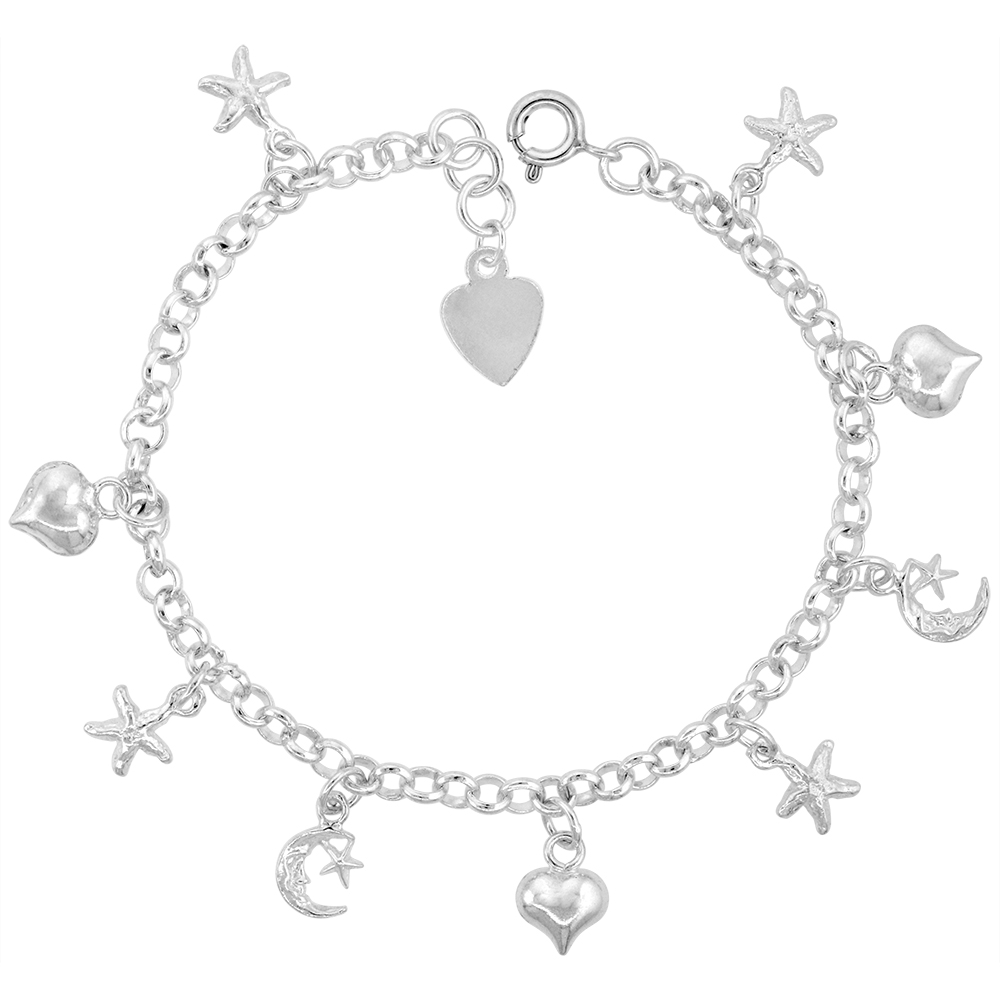Sterling Silver Dangling Hearts Moons Stars Charm Charm Bracelet for Women 11mm drop fits 7-8 inch wrists