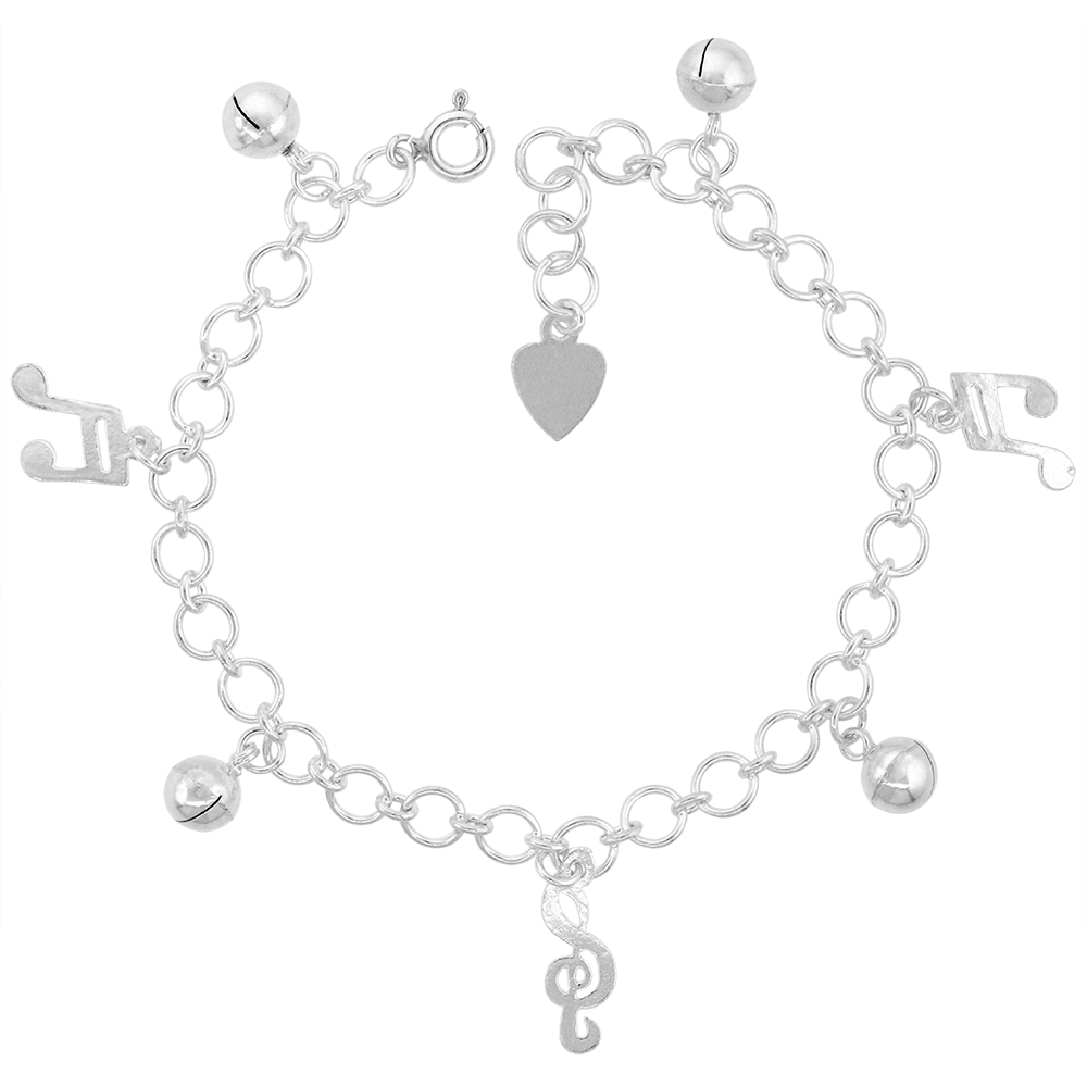 Sterling Silver Dangling Musical Notes and Jingle Bells Charm Charm Bracelet for Women 16mm drop fits 7-8 inch wrists