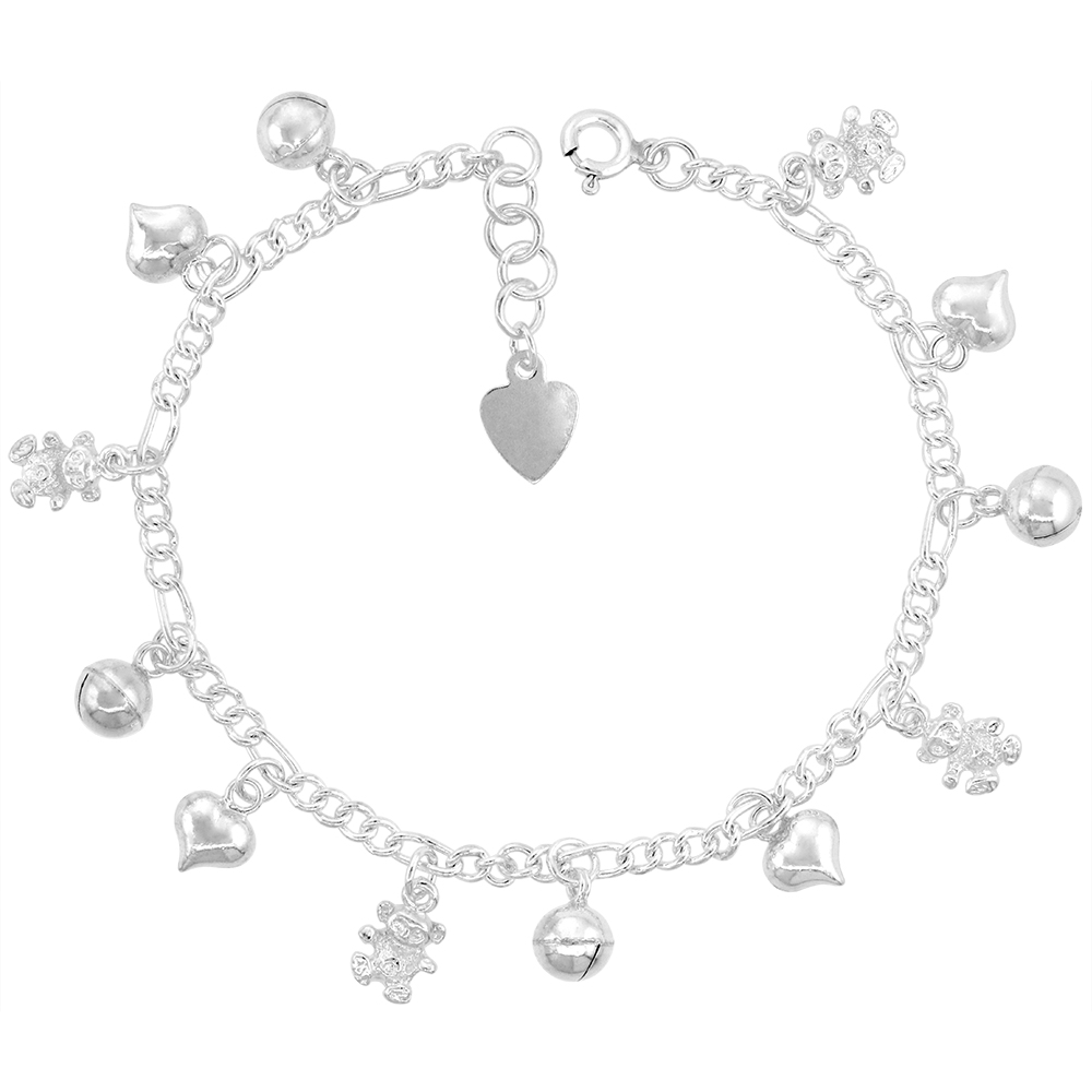 Sterling Silver Dangling Teddy Bears Hearts and Jingle Bells Charm Charm Bracelet for Women 15mm drop fits 7-8 inch wrists
