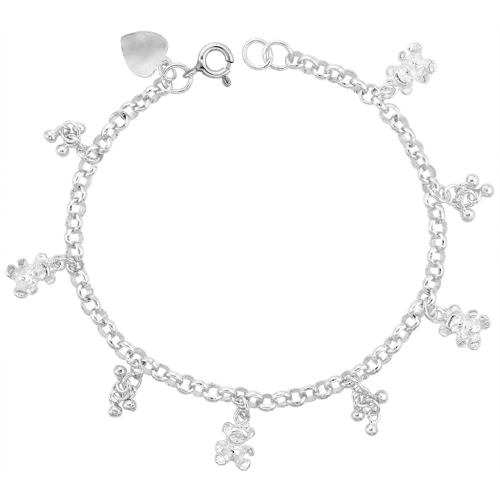 Sterling Silver Dangling Teddy Bears and Beads Charm Charm Bracelet for Women 13mm drop fits 7-8 inch wrists