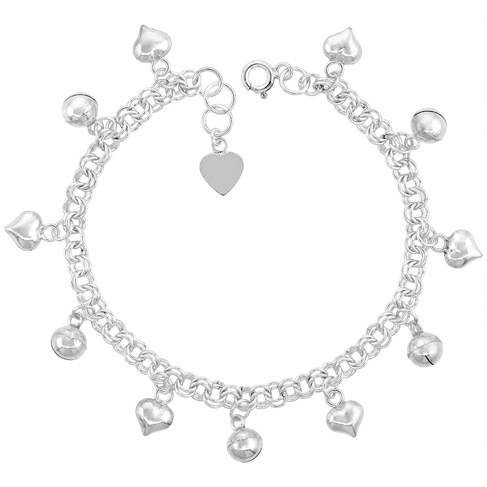 Sterling Silver Dangling Hearts and Jingle Bells Anklet for Women 13mm drops fits 9-10 inch ankles