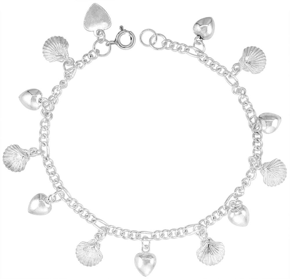 Sterling Silver Dangling Hearts and Shells Anklet for Women 14mm drops fits 9-10 inch ankles