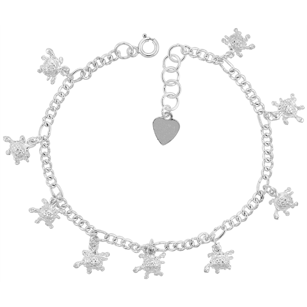 Sterling Silver Dangling Turtles Charm Charm Bracelet for Women 12mm drops fits 7-8 inch wrists