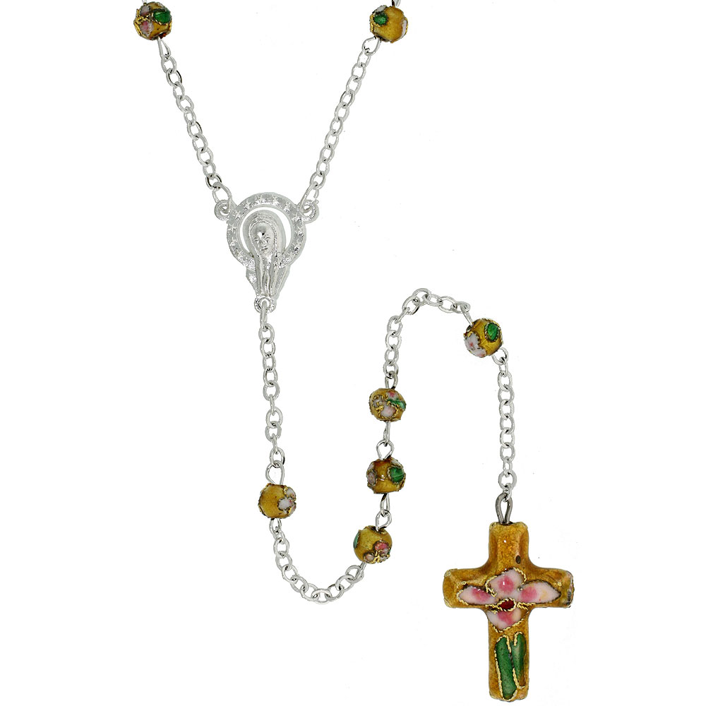 Cloisonne Rosary Necklace Citrine Yellow Color 5 mm Beads, 30 inch