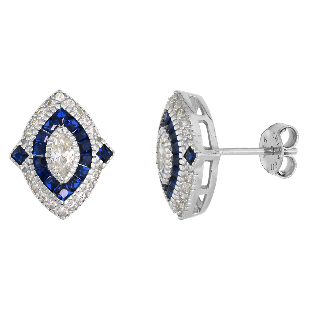 STERLING SILVER ART DECO STUD EARRINGS MARQUISE CZ 6MM SYNTHETIC SQUARE BLUE SAPPHIRES 9/16 INCH