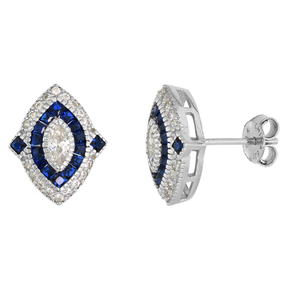 Sterling Silver Art Deco Stud Earrings Marquise CZ 6mm Synthetic Square Blue Sapphires 9/16 inch
