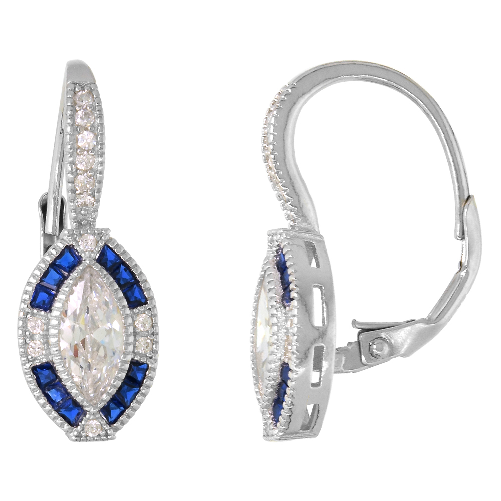 Sterling Silver Art Deco Lever Back Earrings Marquise CZ 9mm Synthetic Blue Sapphires 7/8 inch
