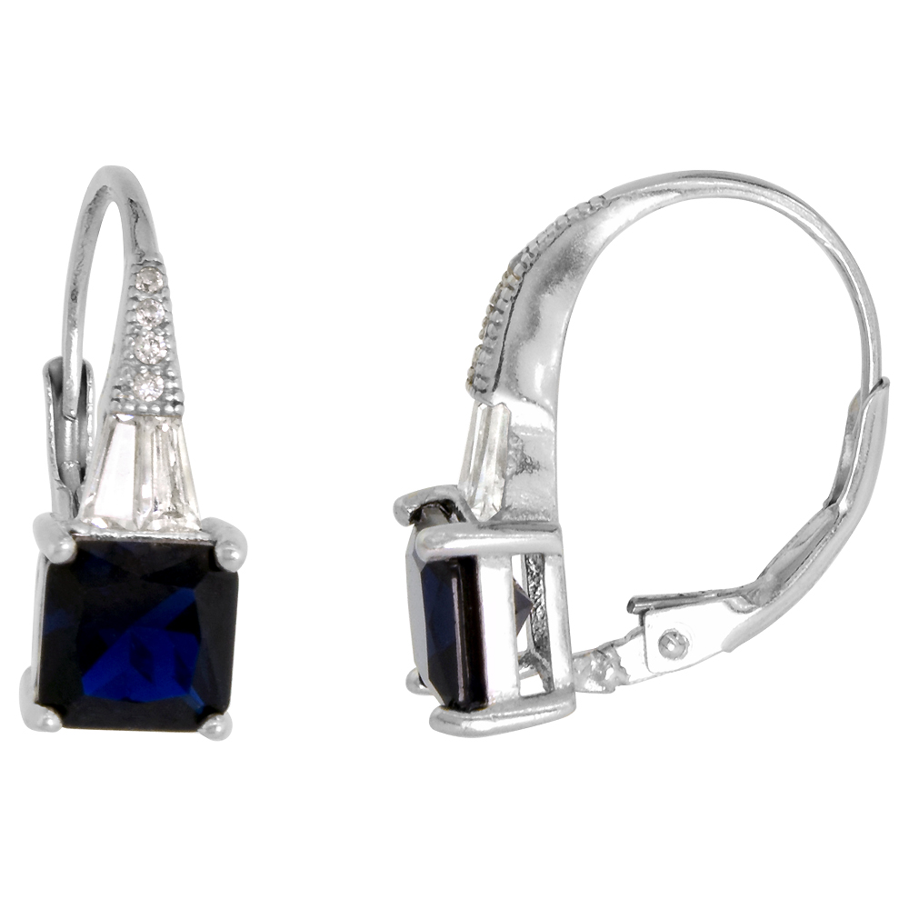 Sterling Silver Art Deco Lever Back Earrings Synthetic 6mm Square Blue Sapphire Micro Pave CZ 3/4 in.