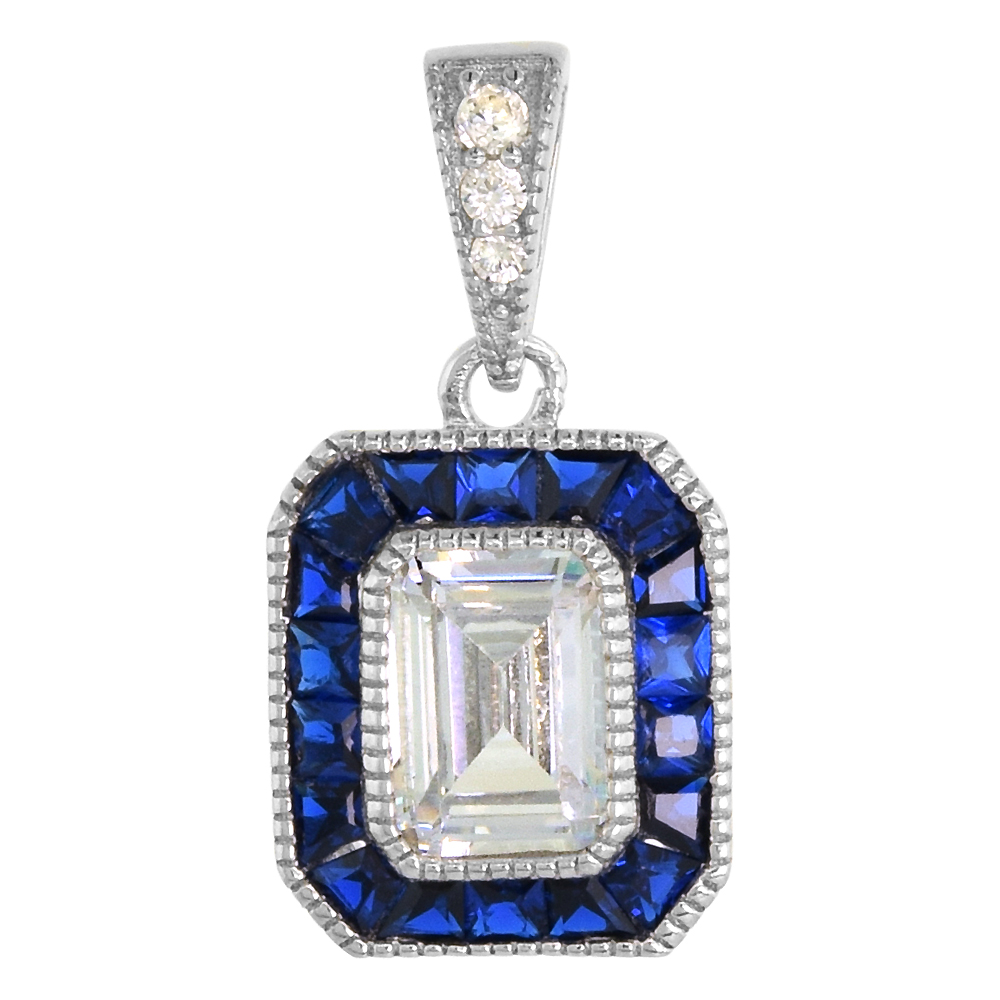 Sterling Silver Art Deco Pendant Emerald Cut CZ 7mm Synthetic Blue Sapphire, NO CHAIN