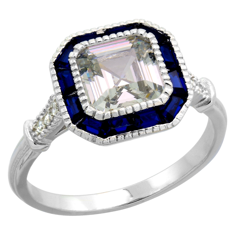 Sterling Silver Art Deco Ring Asscher-Cut CZ 7mm Synthetic Baguette Blue Sapphires 7/16 inch sizes 6 - 9