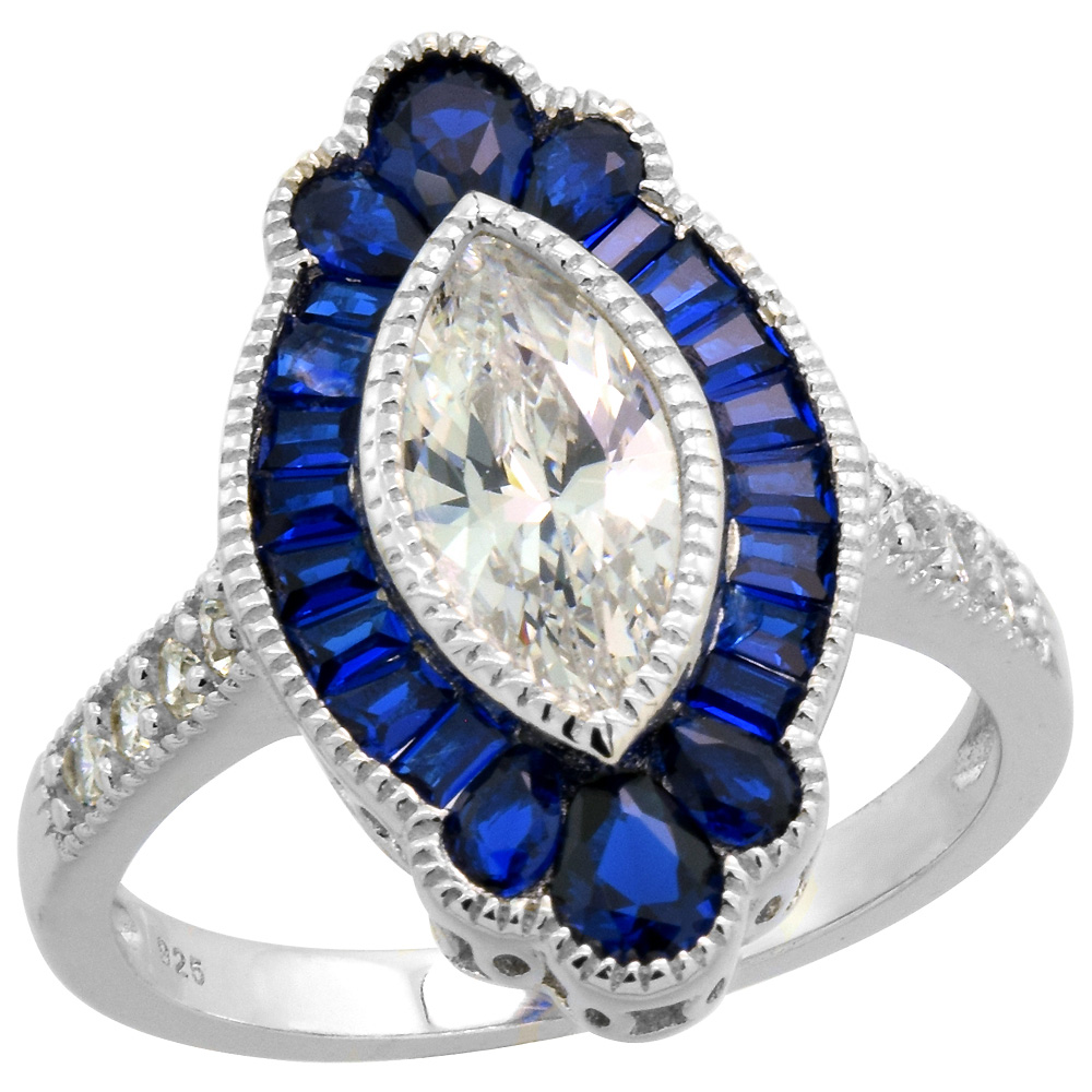 Sterling Silver Art Deco Ring Marquise CZ 11mm Synthetic Baguette Blue Sapphires 3/4 inch sizes 6-9