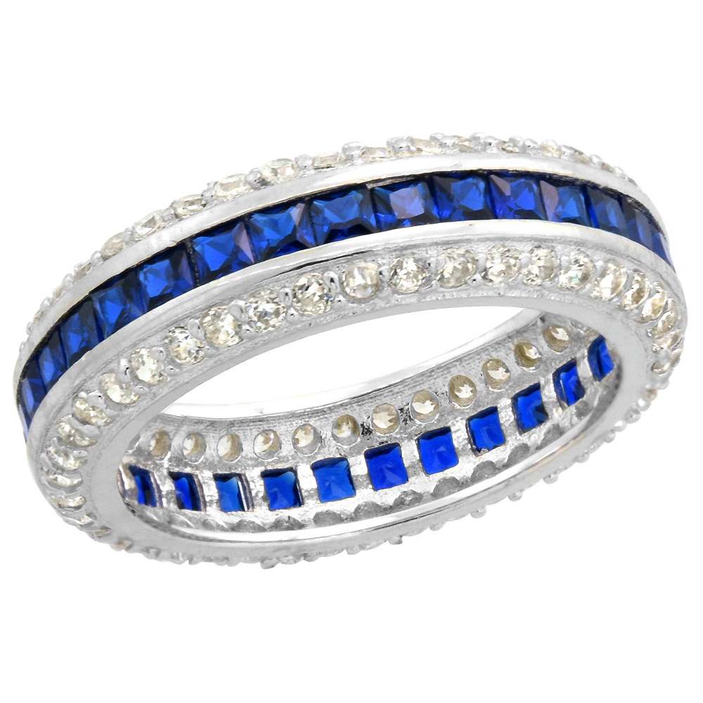 Sterling Silver Art Deco Eternity Ring Synthetic Square Blue Sapphires & CZ stones 1/4 inch sizes 6 - 9